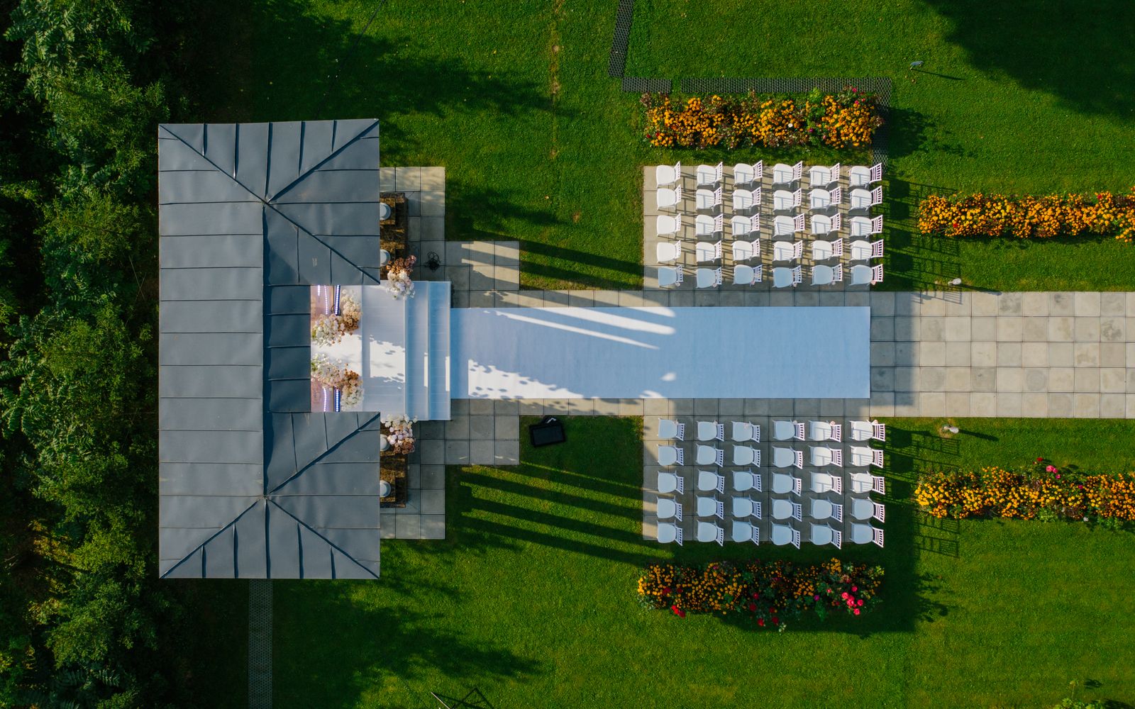 Aerial view of an outdoor wedding venue